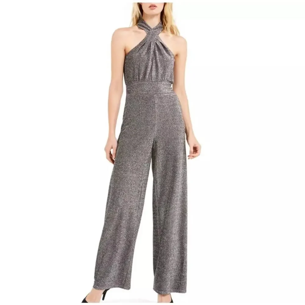 NWT Michael Kors Women’s Halter‎ Neck Lurex Twist Jumpsuit Size XL Silver Gray